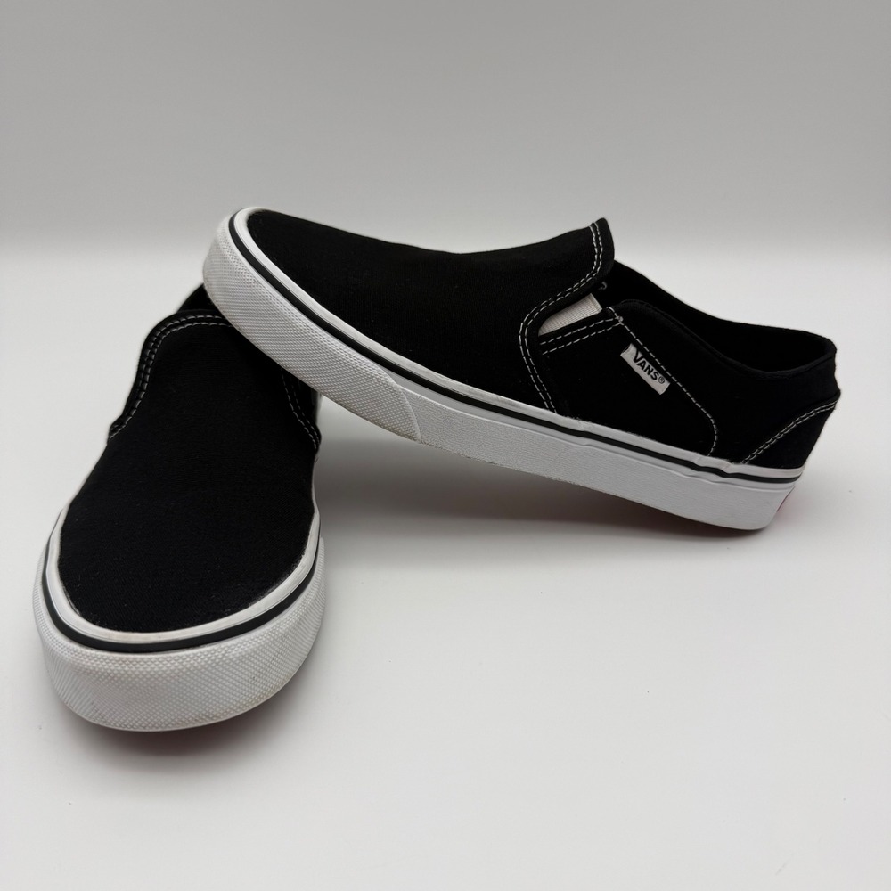 Vans Classic Slip-On Black - White Canvas Skate Sneakers Women's 7